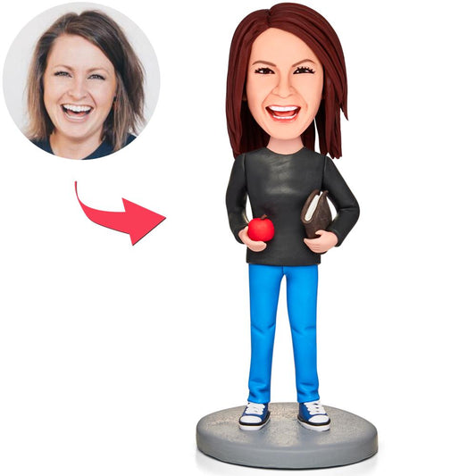 Vrouwelijke leerkracht met appel en boek, gepersonaliseerde bobblehead met gegraveerde tekst, MadeMine, educatief symbool