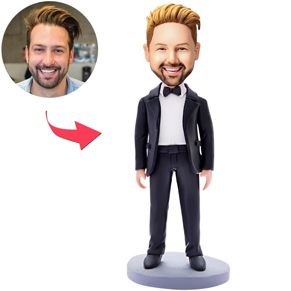 Persoonlijke business man bobblehead trofee met gegraveerde tekst op de MadeMine basis, geschikt voor beste werknemer award