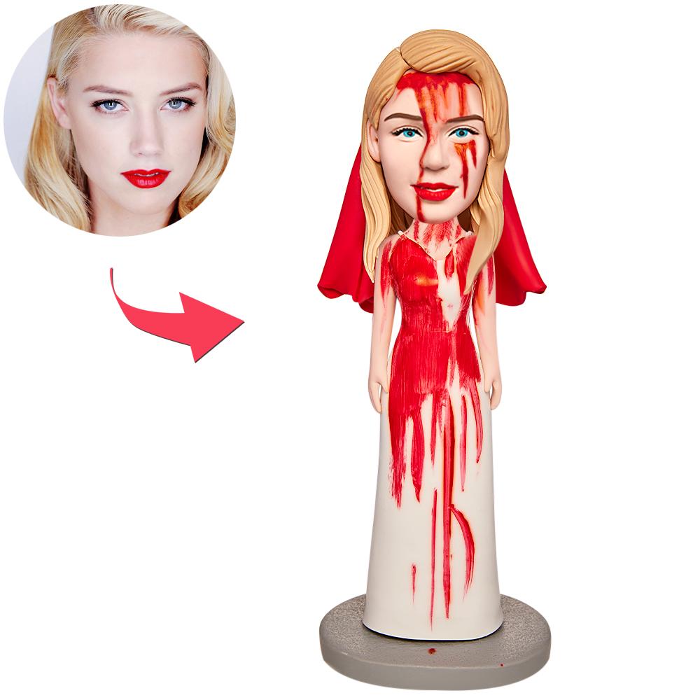 Figura personalizada de Halloween de una novia con un vestido manchado de sangre, con cabeza que se mueve y texto grabado.