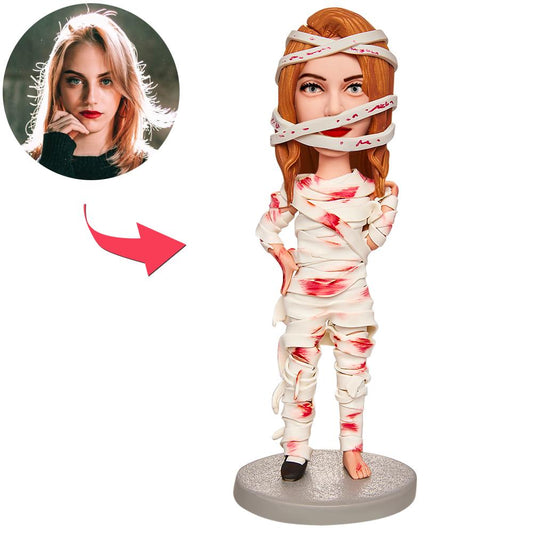 MadeMine Halloween Mummy Costume custom bobblehead with engraved text, featuring a detailed mummy design on a stand.