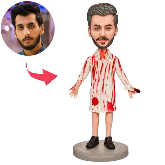 Crazy Doctor Halloween gift custom bobblehead with engraved text, featuring detailed medical costume and expressive face.