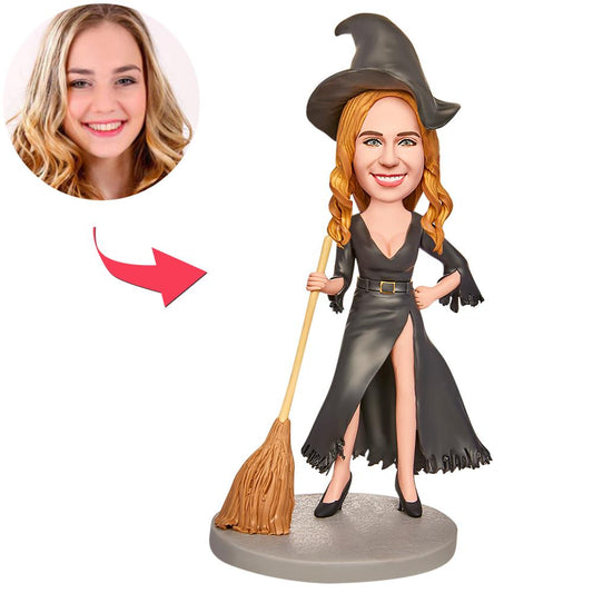 MadeMine Halloween sexy witch bobblehead with engraved text, featuring a detailed witch figure with a pointed hat and flowing cloak.