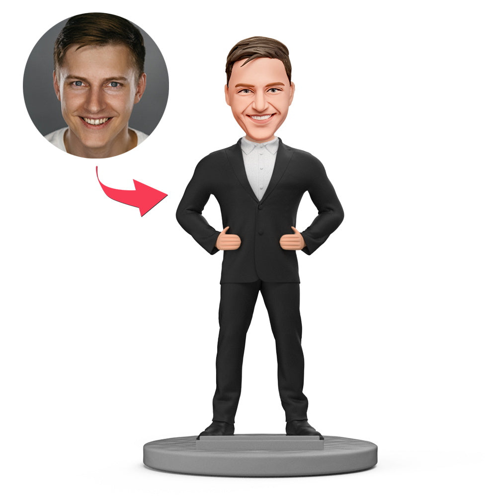 MadeMine businessman bobblehead met mobiele telefoonhouder en gegraveerde tekst, gedetailleerde sculptuur met vrolijk gezicht.