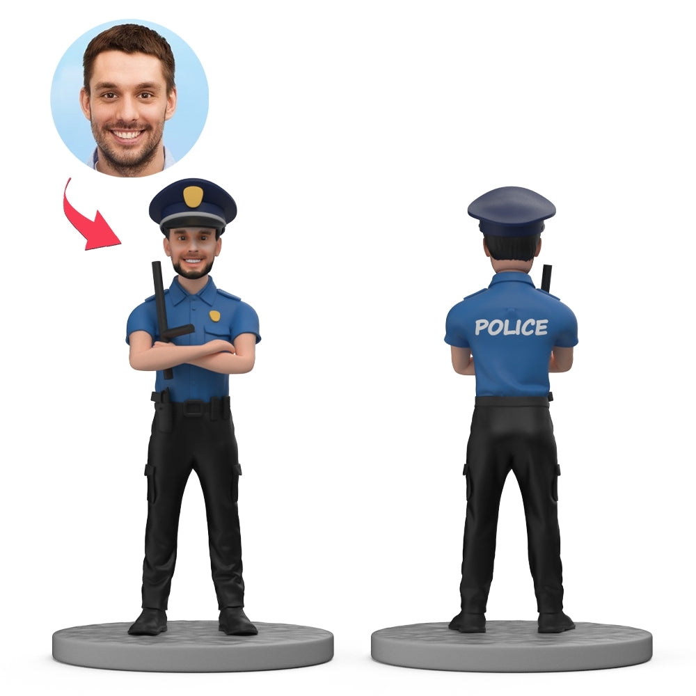 Politiefiguur met knikker, MadeMine bobblehead met knuppel en tekst, gedetailleerde handgemaakte figurine, cartoonstijl.