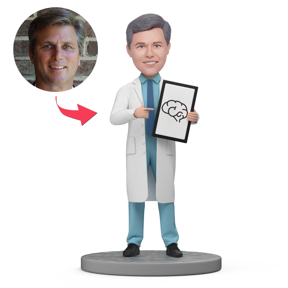 Neurochirurgie gepersonaliseerde bobblehead van MadeMine, gezichtsbeeld van een breinexpert als cadeau, gedetailleerde handgemaakte pop