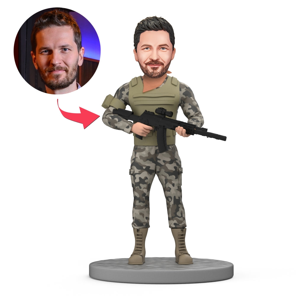 Custom made militaire bobblehead van Special Forces met geweer, gedetailleerd en levendig weergegeven.