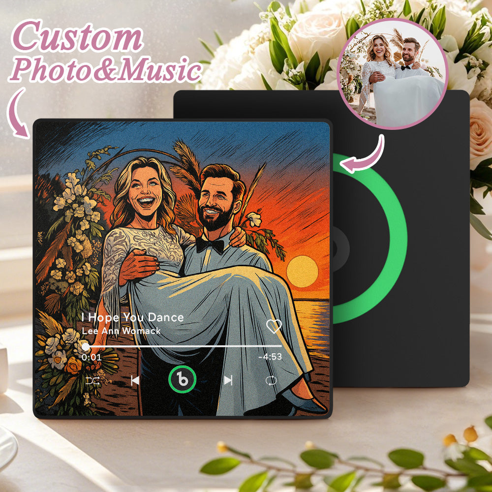 MadeMine FridgeBeats Framed 4.0 custom photo music fridge magnet with cartoon style design, featuring a personalized wedding gift.