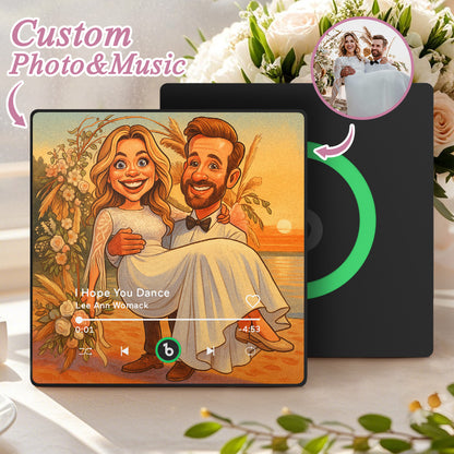 MadeMine FridgeBeats Framed 4.0 custom photo music fridge magnet with cartoon style design, perfect as a personalized wedding gift.