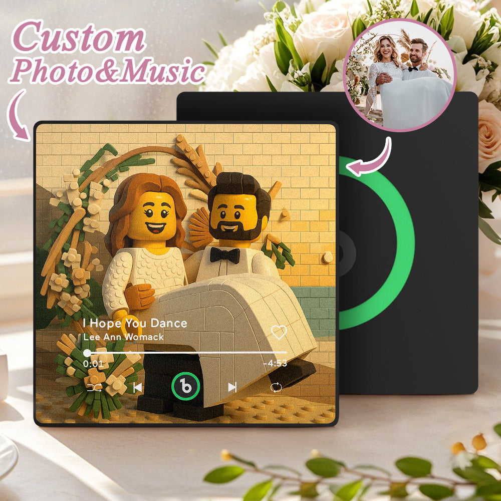 FridgeBeats Framed 4.0 custom photo music fridge magnet with cartoon style design, featuring a personalized song for wedding gift.