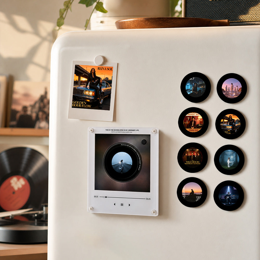 MadeMine custom mini vinyl record player with 9 magnetic discs, personalized music gift for couples, anniversary keepsake