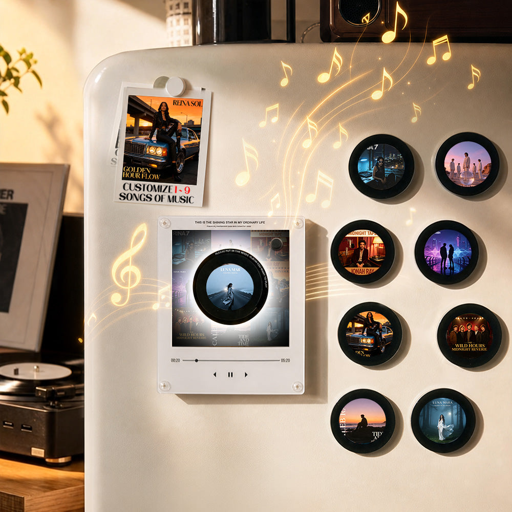 Custom mini vinyl record player with nine magnetic discs by MadeMine, perfect personalized music gift for couples.