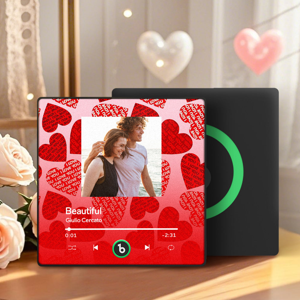 MadeMine FridgeBeats Framed 4.0 personalized music magnet with red heart, perfect for Valentine's gift, on a wall photo display.