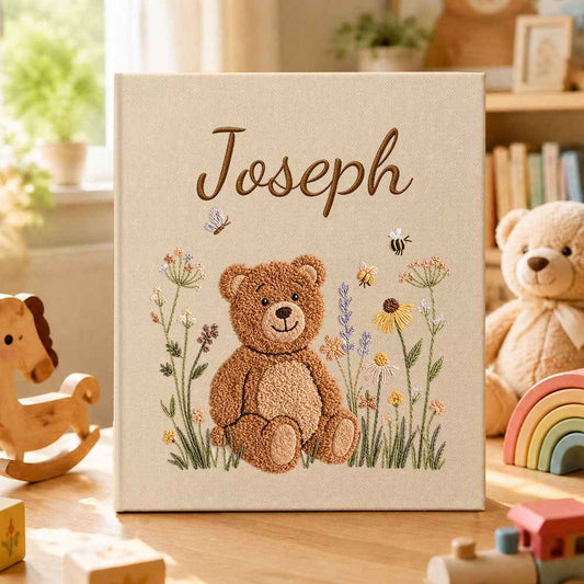 Personalized Linen Baby Memory Book – Embroidered Style Newborn Keepsake Album
