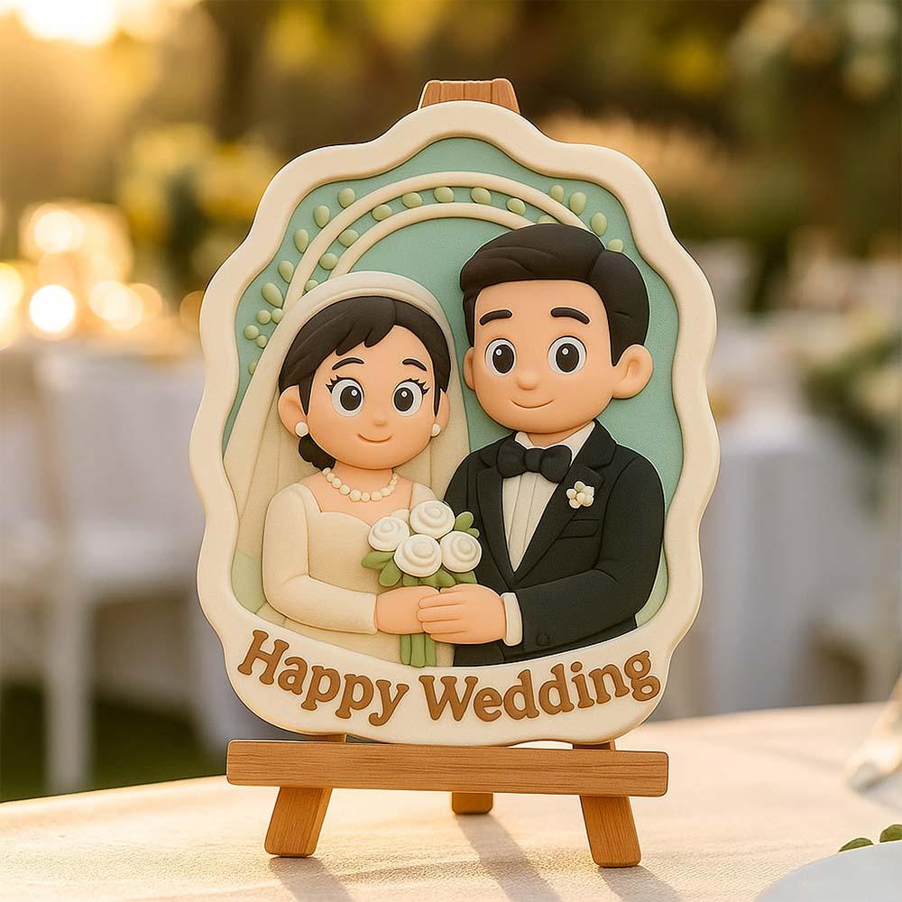 Custom 3D Wedding Figurine with Wooden Holder - Personalized Bride & Groom Gift - Mini Brick Custom