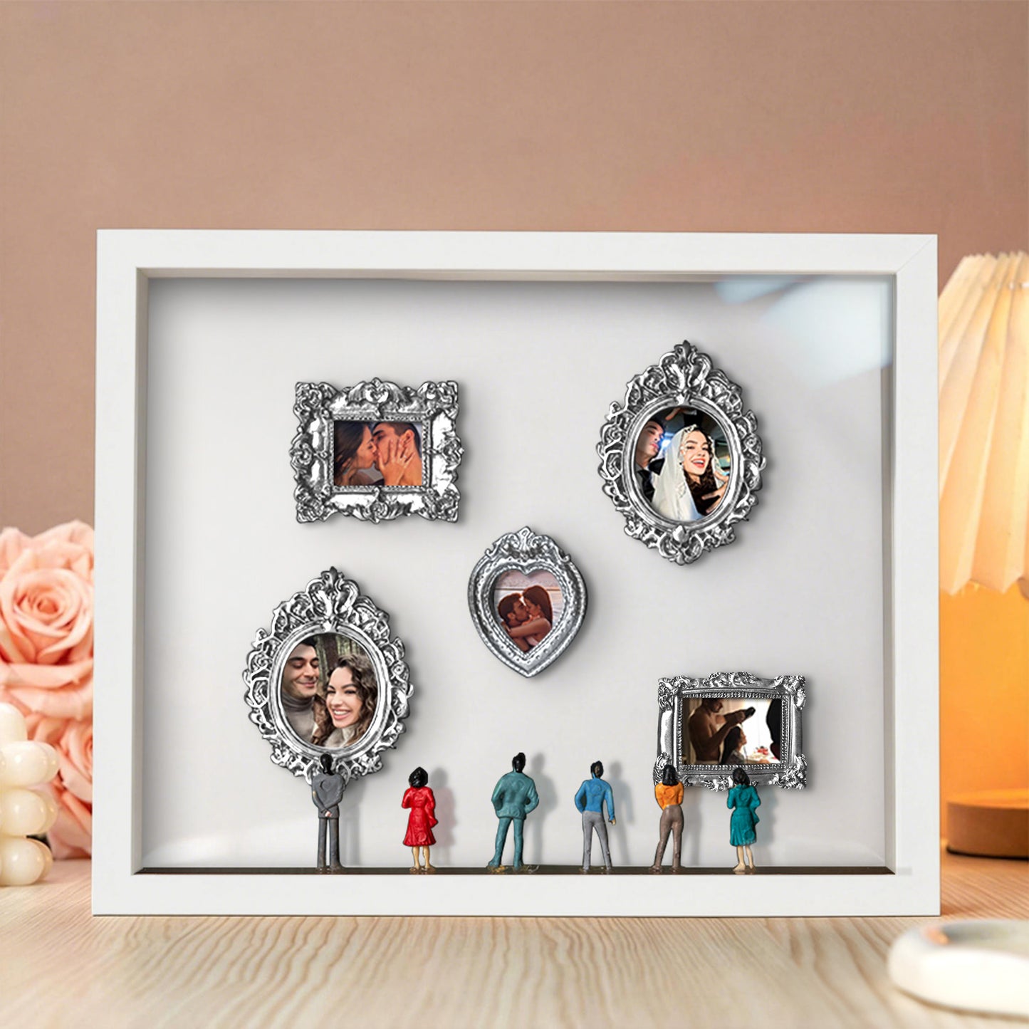 Miniature personalized couples gift with white frame and spotlights from MadeMine, featuring a cute museum design.
