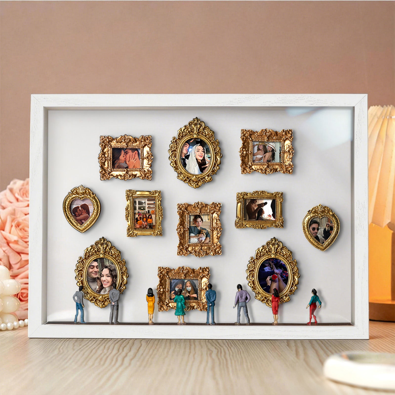 Miniature personalized museum gift with white frame and spotlights, featuring a couple's photo, by MadeMine.