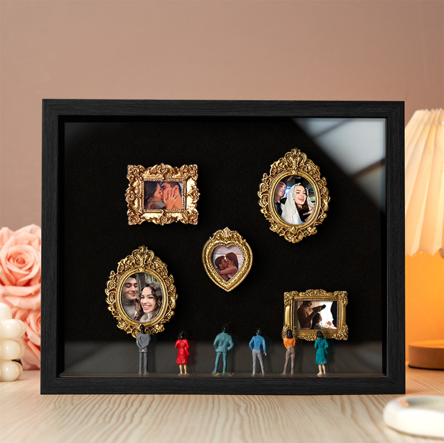Miniature personalized museum gift with black frame, featuring engraved details, perfect for couples on Valentine's Day or anniversaries.