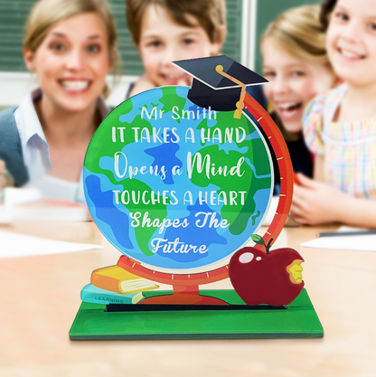 Personalized Globe Teacher Desk Sign – Custom Name Acrylic Plaque