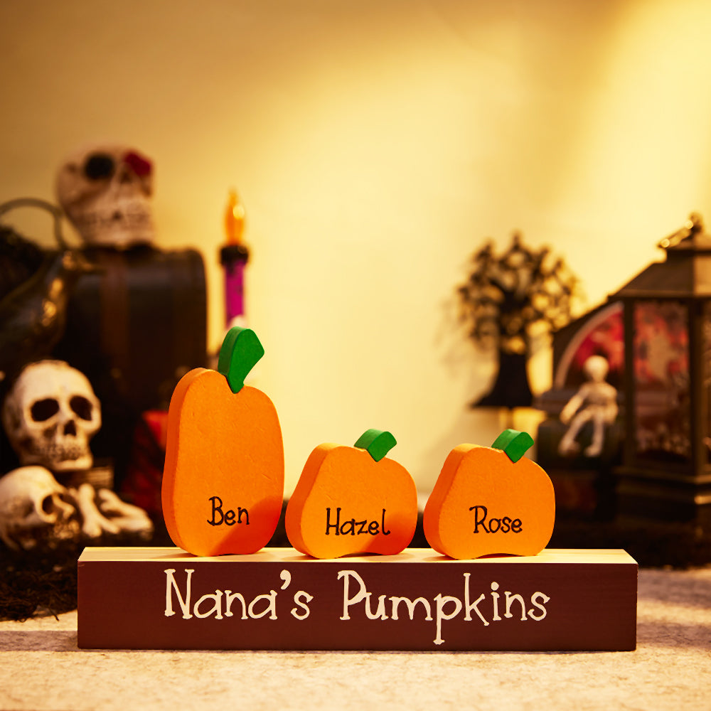 Adornos de calabaza con nombre personalizado y base de madera – Regalo de Halloween personalizado