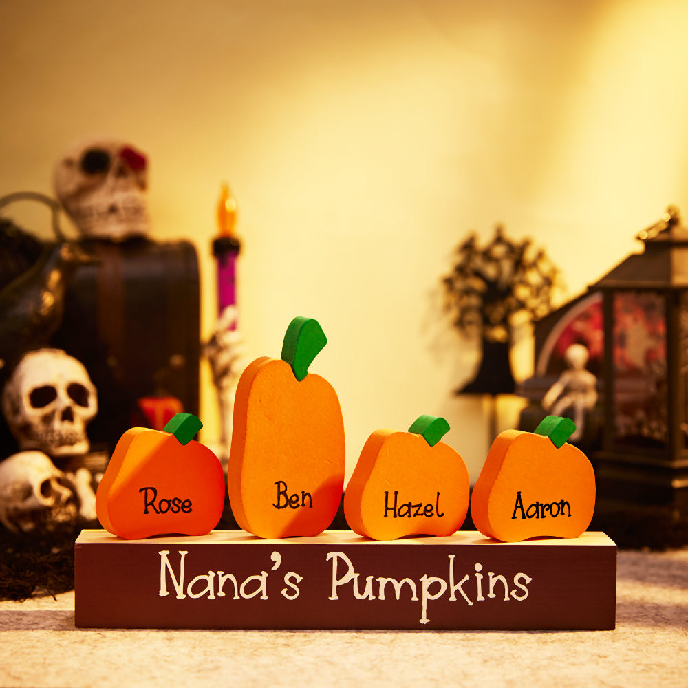 Adornos de calabaza con nombre personalizado y base de madera – Regalo de Halloween personalizado