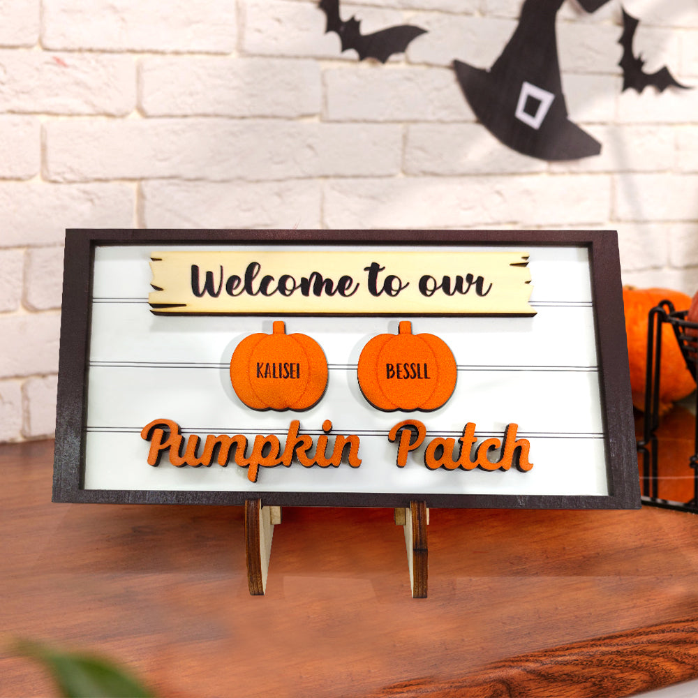 Letrero de madera de calabaza con nombre personalizado, "Bienvenidos a nuestro huerto de calabazas", regalo personalizado de Halloween.