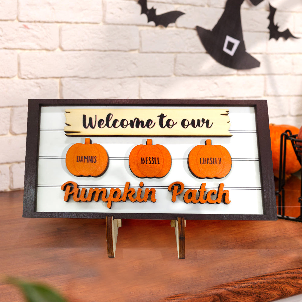 Letrero de madera de calabaza con nombre personalizado, "Bienvenidos a nuestro huerto de calabazas", regalo personalizado de Halloween.