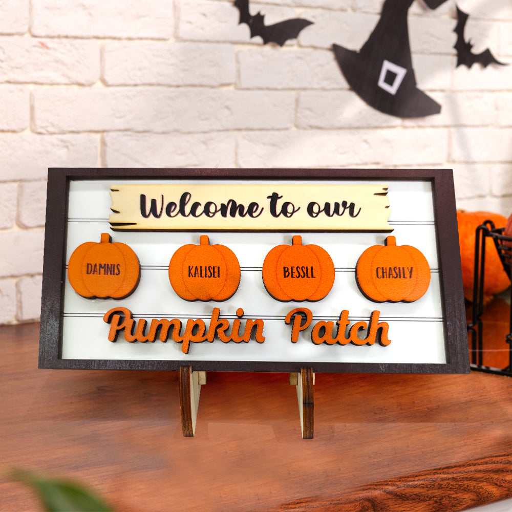 Letrero de madera de calabaza con nombre personalizado, "Bienvenidos a nuestro huerto de calabazas", regalo personalizado de Halloween.