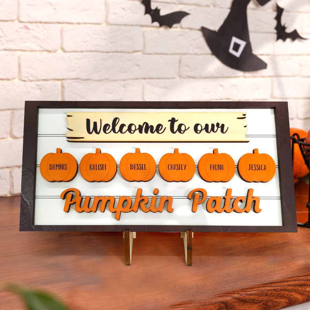 Letrero de madera de calabaza con nombre personalizado, "Bienvenidos a nuestro huerto de calabazas", regalo personalizado de Halloween.