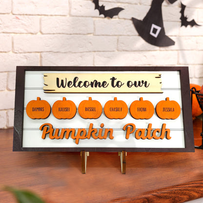Letrero de madera de calabaza con nombre personalizado, "Bienvenidos a nuestro huerto de calabazas", regalo personalizado de Halloween.