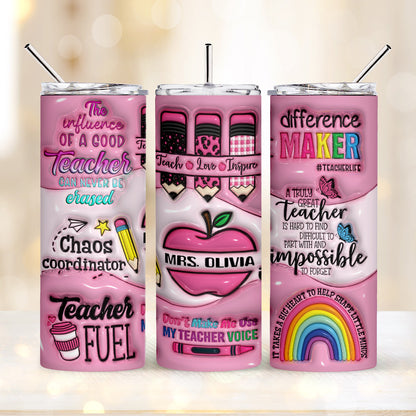 Personalized 3D Apple & Pencil Teacher Tumbler – 20oz Skinny with Lid & Straw
