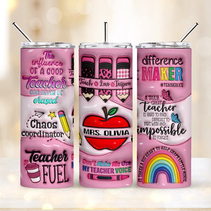 Personalized 3D Apple & Pencil Teacher Tumbler – 20oz Skinny with Lid & Straw