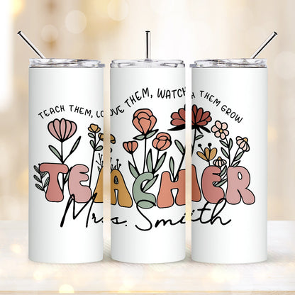 Personalized Wildflowers Teacher Tumbler – 20oz Skinny with Lid & Straw