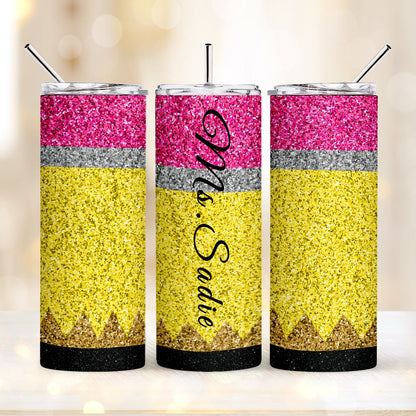 Personalized Glitter Apple Teacher Tumbler – 20oz Skinny with Lid & Straw
