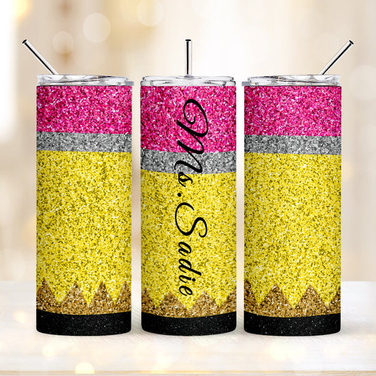 Personalized Glitter Apple Teacher Tumbler – 20oz Skinny with Lid & Straw