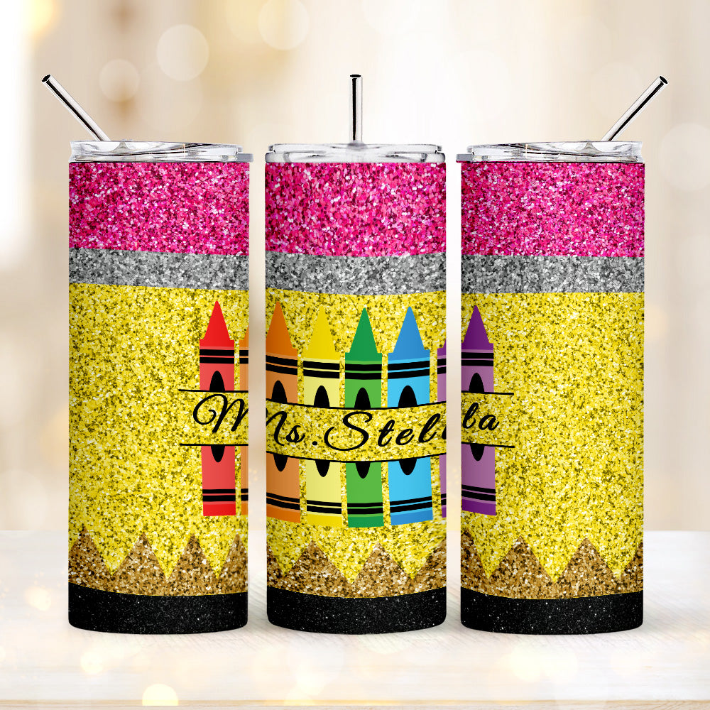 Personalized Glitter Apple Teacher Tumbler – 20oz Skinny with Lid & Straw