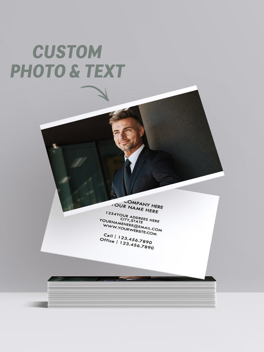 Custom double-sided business card with personalized photos and engraved text, featuring a sleek professional design by MadeMine.