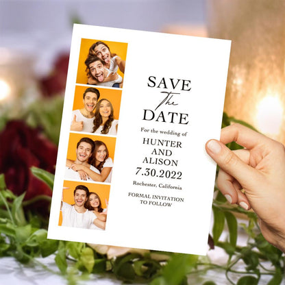 Custom Save the Date card featuring a personalized wedding photo, perfect for announcing your wedding with MadeMine's unique design.