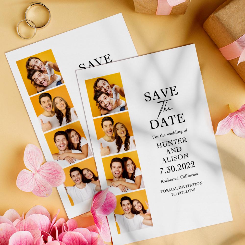 Personalized wedding save the date card featuring a couple’s photo on MadeMine, with elegant custom text and design.