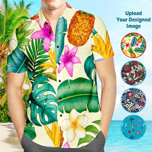 Custom photo Hawaiian shirt by MadeMine featuring personalized beach design, perfect for men’s Aloha-inspired casual wear.