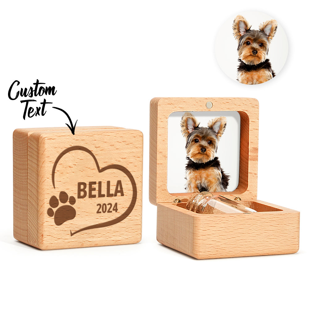 Personalized walnut pet fur keepsake memorial box by MadeMine, with engraved pet name and paw print design.