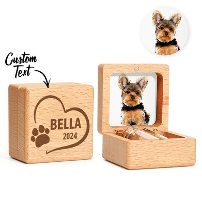 Personalized walnut pet fur keepsake memorial box by MadeMine, with engraved pet name and paw print design.