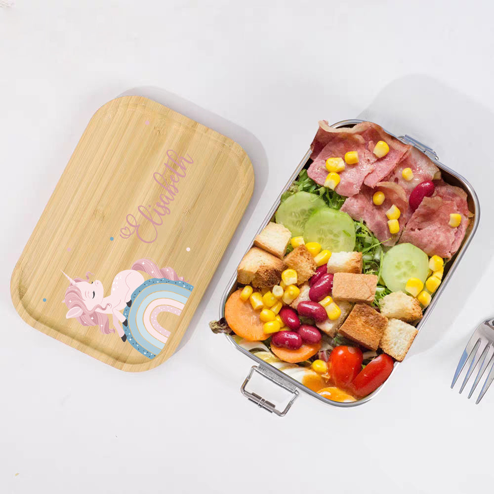Personalized Kids Lunch Box – Custom Name Stainless Steel & Wood