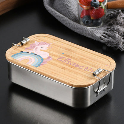 Personalized Kids Lunch Box – Custom Name Stainless Steel & Wood