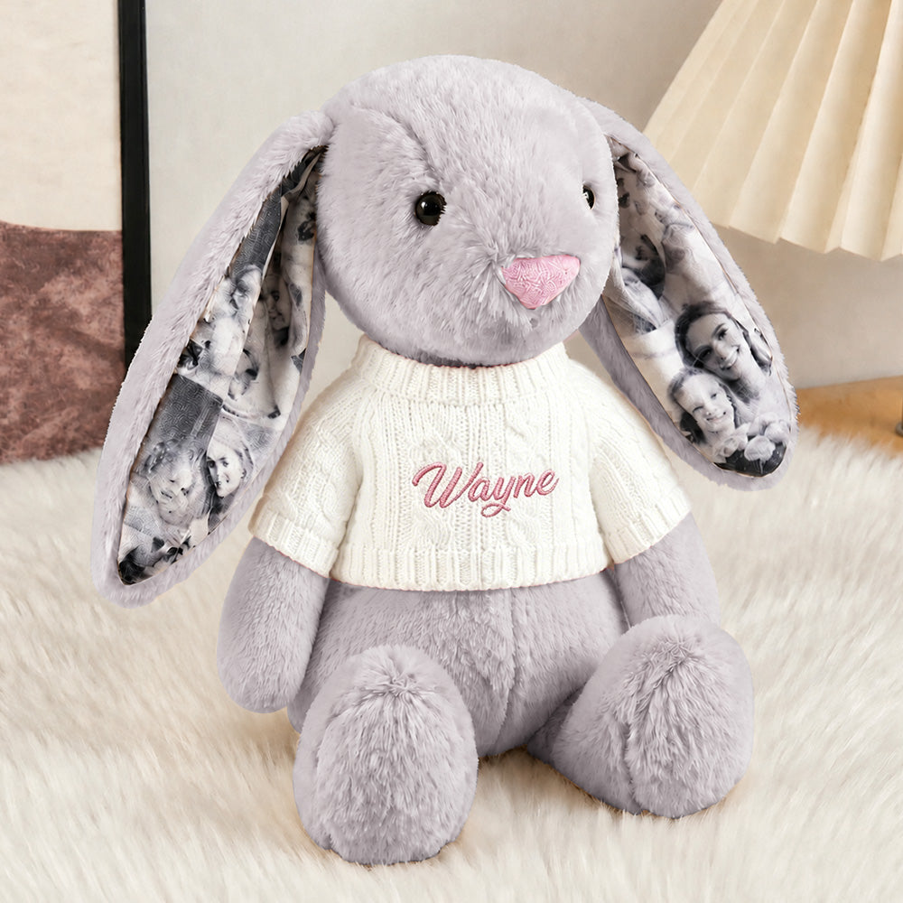 Custom Photo Bunny Plush – Personalized Name Embroidery & Photo Ears