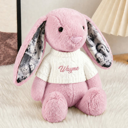 Custom Photo Bunny Plush – Personalized Name Embroidery & Photo Ears