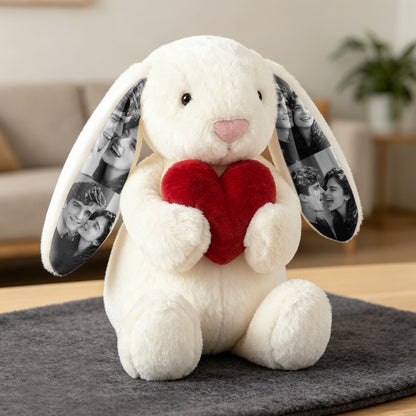 Custom Photo Red Love Heart Bunny Plush – Personalized Hidden Ear Picture Gift