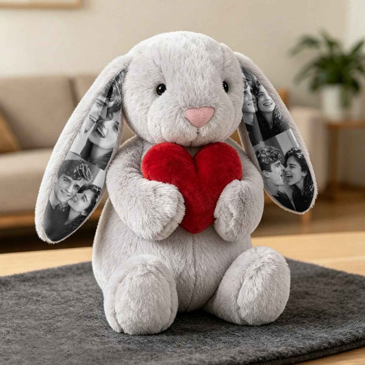 Custom Photo Red Love Heart Bunny Plush – Personalized Hidden Ear Picture Gift
