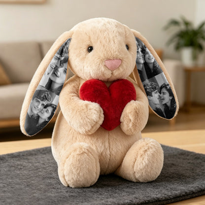 Custom Photo Red Love Heart Bunny Plush – Personalized Hidden Ear Picture Gift