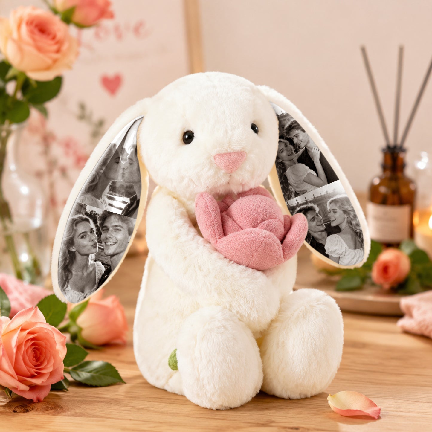 Custom Photo Pink Rose Bunny Plush – Personalized Hidden Ear Picture Gift