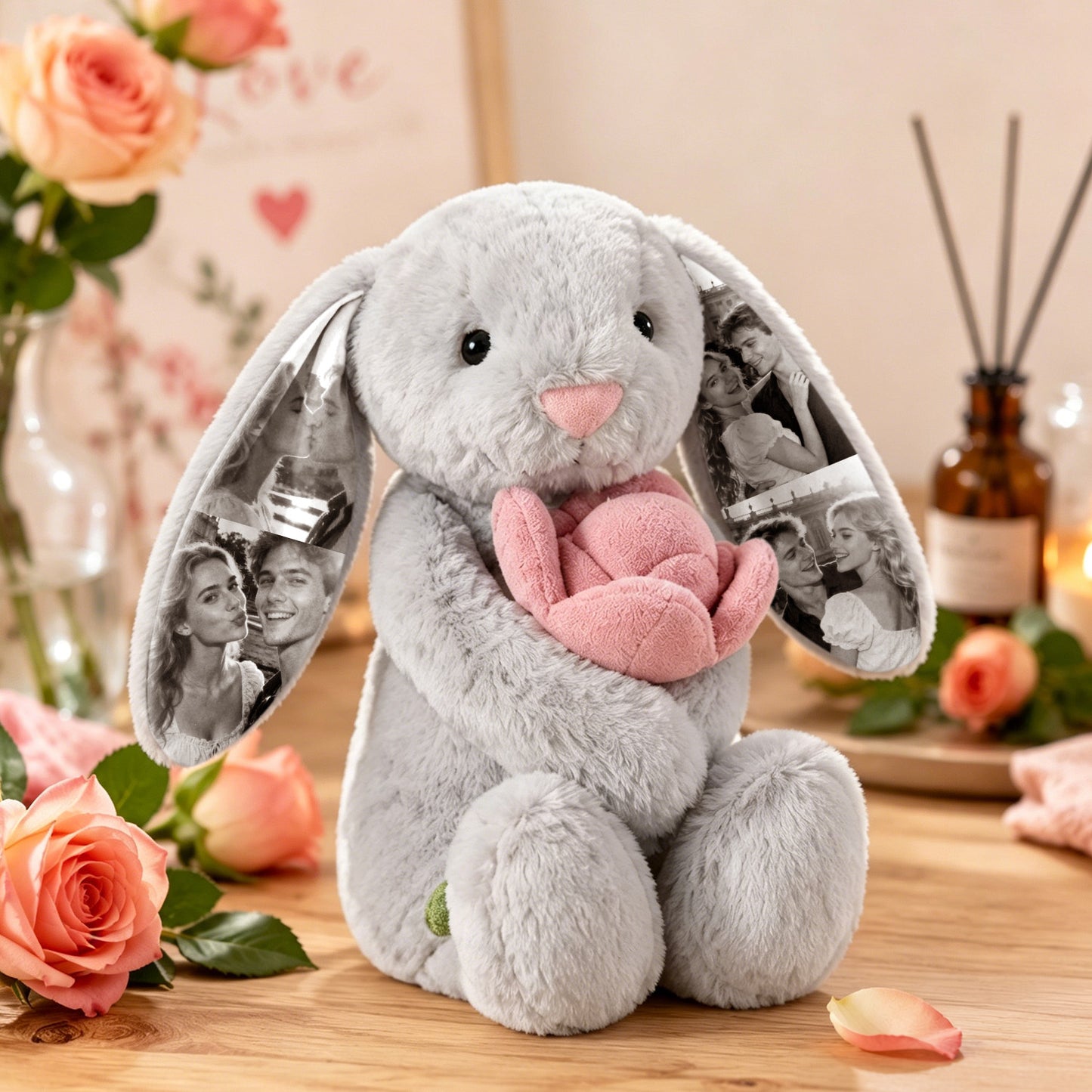 Custom Photo Pink Rose Bunny Plush – Personalized Hidden Ear Picture Gift